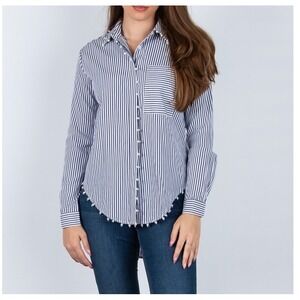 Joseph Ribkoff Pearl Embellished Striped Long Sleeve Blue Shirt Womens Large